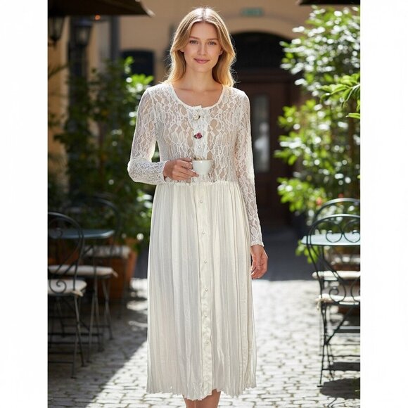 Vintage 90s Lace Midi Dress Sz.M Ivory Pleated Sheer Prairie Cottage Romantic - Picture 14 of 15